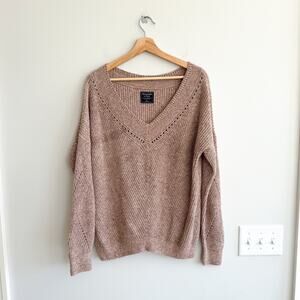 Abercrombie & Fitch V-Neck Knit Long Sleeve Pullover Sweater Beige XL